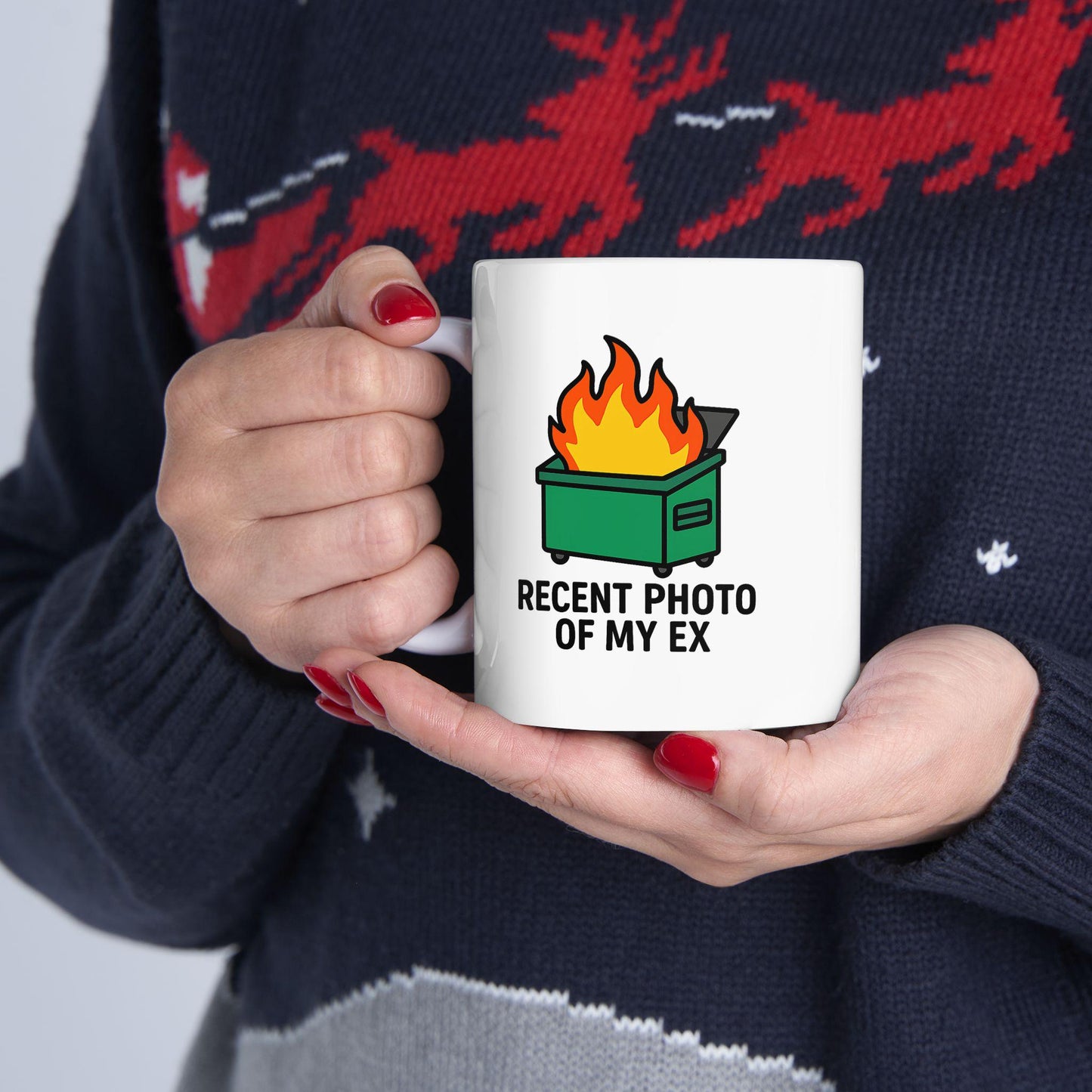Dumpster Fire Mug – “Recent Photo of My Ex” Funny Breakup Coffee Cup