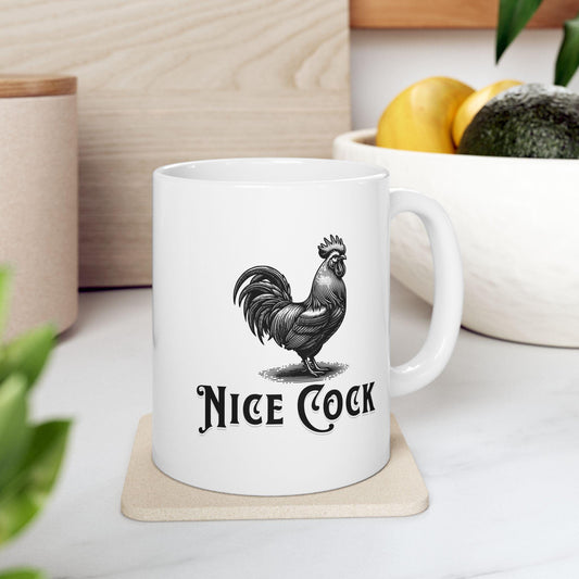 Nice Cock Mug – Funny Rooster Pun Coffee Cup for Animal Lovers & Smartasses