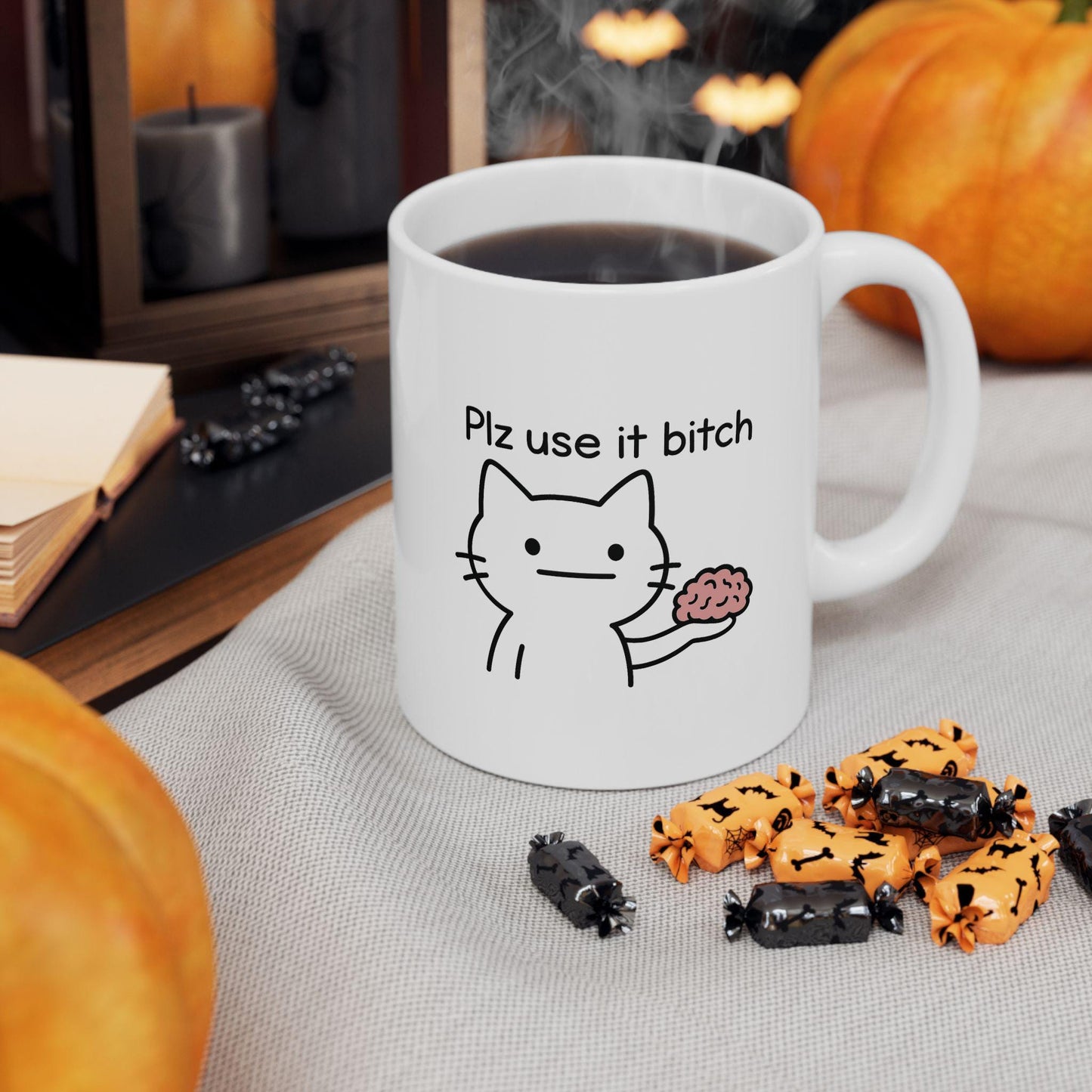 Plz Use It B*tch Mug – Funny Cat Meme Coffee Cup with Brain Humor